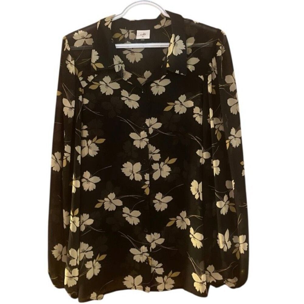 Cabi XL Black Floral Button Front Blouse Women Long Sleeve Collared Top Career